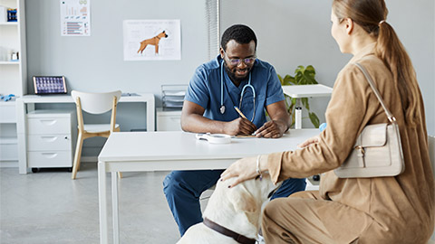 Young black man in medical uniform prescribing medicine for labrador retriever dog sitting by female pet owner in clinics