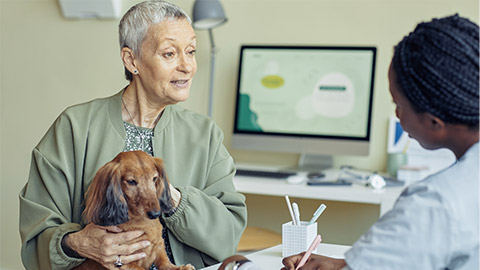 Portrait of senior woman with dog visiting vet clinic and talking to veterinarian explaining symptoms