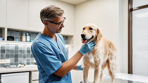 Veterinarian doctor in blue uniform conduct a routine examination of a dog checking neck lymph nodes on a table in a modern office of a veterinary clinic. Treatment and vaccination of pets