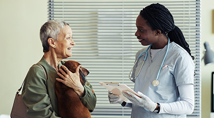 A vet nurse talking to a client