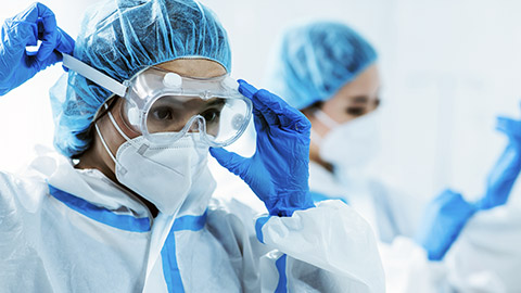 medical worker wear protective suits and ready