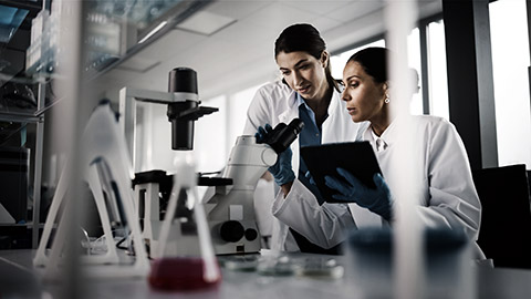 A female medical researcher talking to a colleague