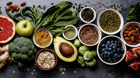 Top shot of a spread of healthy food ingerdients