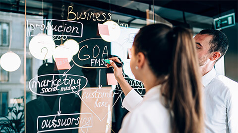 Two colleagues unpacking a mental model of a marketing process