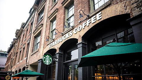 A quiet Starbucks Coffee shop embedded in an old, heritage building