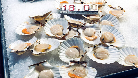 Scallops on ice at a seafood market, priced at $18.00 a kilo