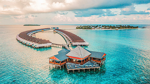 An aerial view of a luxury resort in the Maldives