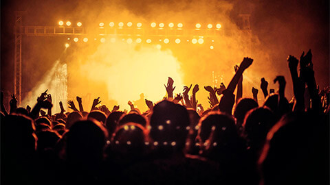 A large group of concert-goers in front of an illuminated stage