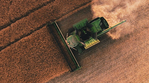 An aerial view of a combine harvester harvesting a field of wheat