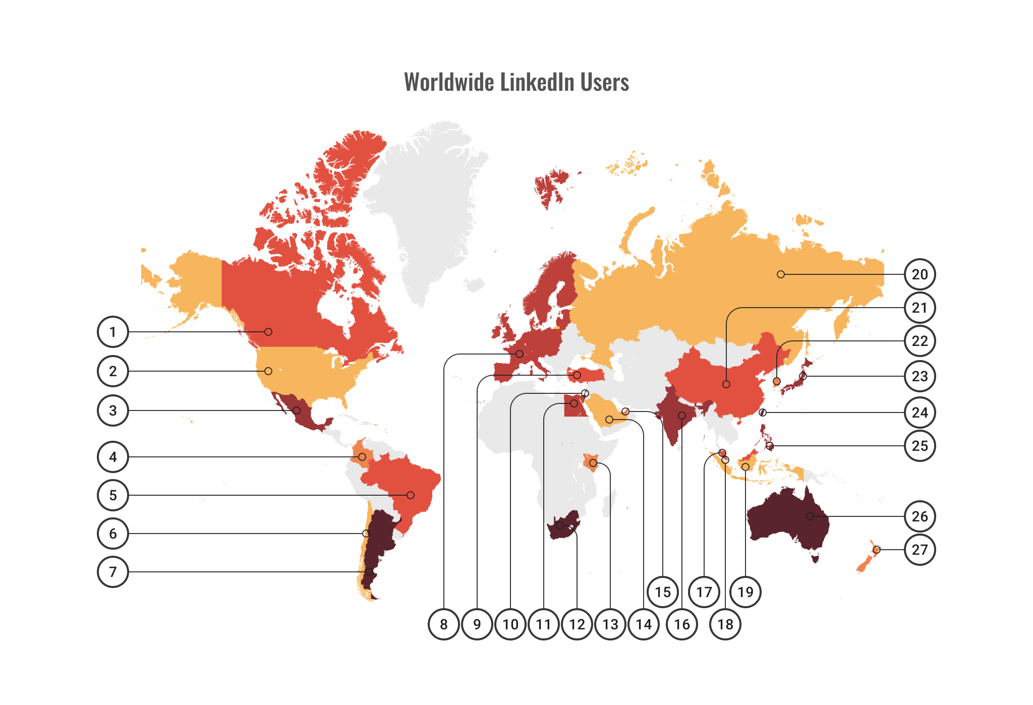 A map showing worldwide users of LinkedIn