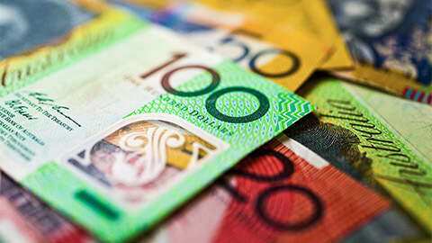 A close up of different denomination, Australian bank notes