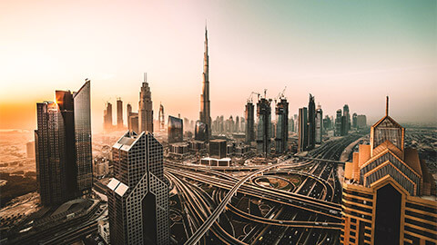 Dubai's cityscape as the sun sets