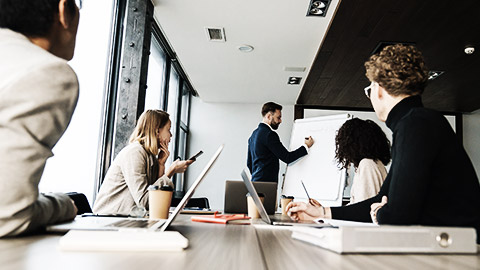 A person leading a presentation to colleagues