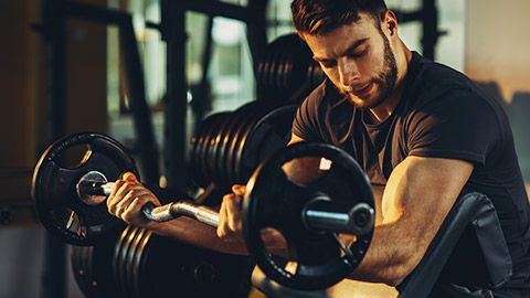 A person doing preacher curls in a gym