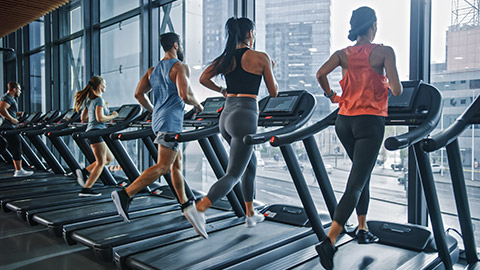 A group of people running on treadmills