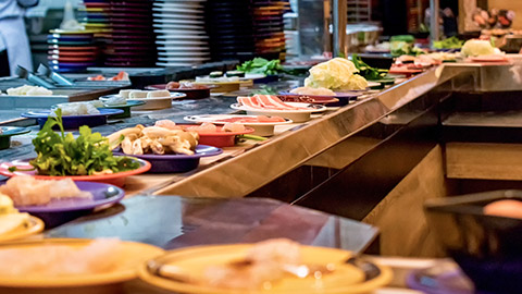 Food Rail in a Japanese shabu-shabu Buffet Restaurant