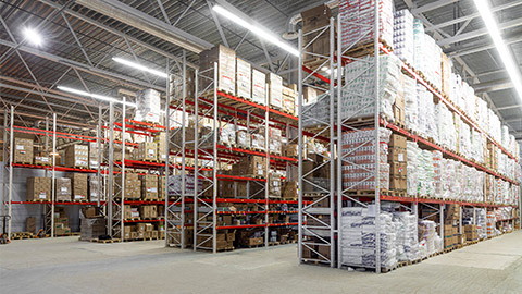 The territory of a large logistics center with racks for storing goods before being sent to the sender