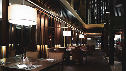 A wide shot of a classy restaurant interior