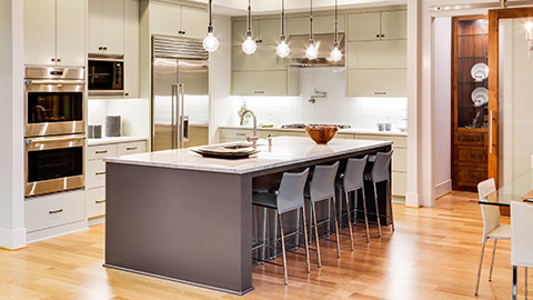 A modern kitchen with lighting