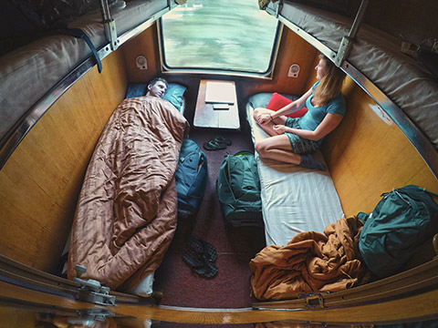 Backpackers in a sleeper train