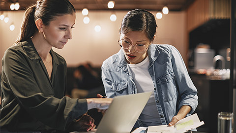 Two diverse young businesswomen working together on a laptop at a table in an office