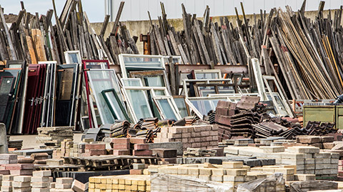 A wide shot of recycled construction materials