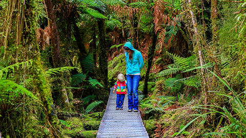 A mother and child walking in the bush