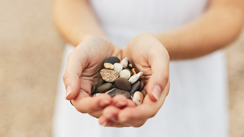 A close view of a person holding a handful of rocks