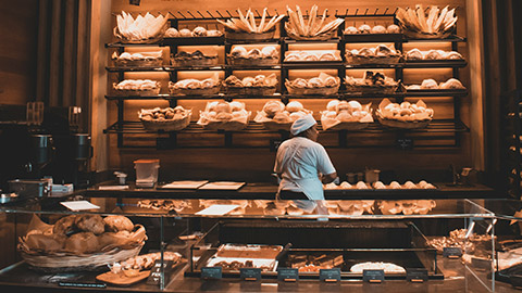 A wide shot of a bakery