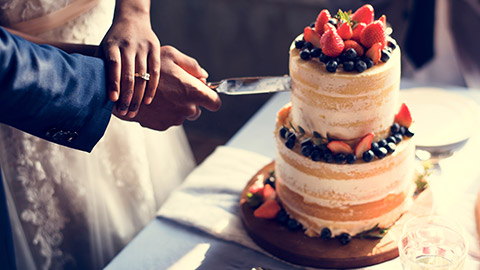 A couple cutting a cake