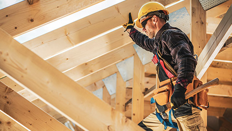 A carpenter standing amongst the roof trusses on a house under construction