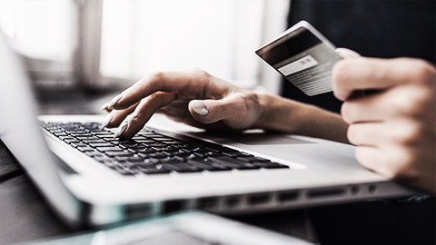 A person inputting credit card info into the laptop