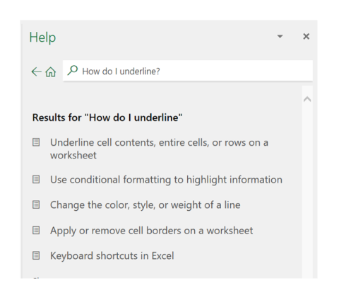 A screen shot of the help dialogue box in excel