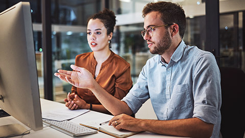 2 accountants discussing figures on a desktop computer in a modern office