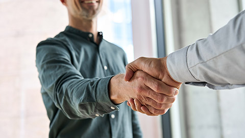 Smiling businessman standing greeting partner with handshake