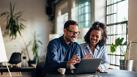 Male boss using a laptop, showing a new online project to his female client.