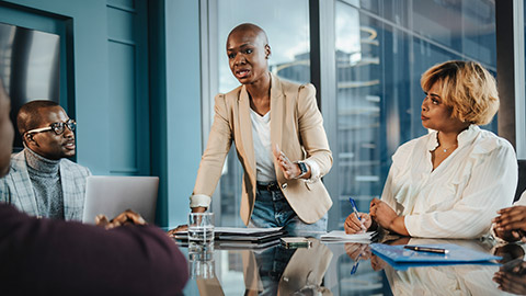 Team of business people having a business meeting within a modern office setting.