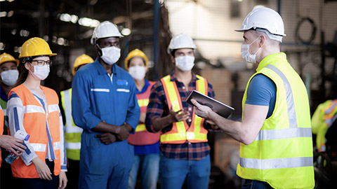 The manager leader team is assignmenting job, training for technicians, supervisor, engineers In the morning meeting before work which everyone wear masks to prevent the coronavirus and safety working