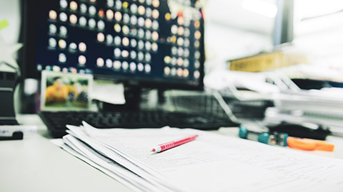 A close view of a desk in an office