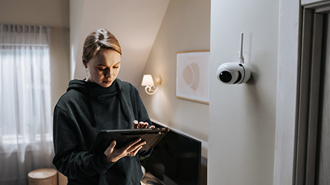 Woman installing cctv camera in home