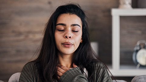 Depression, sad and woman with eyes closed in home thinking of problems