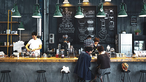 A wide shot of a cafe interior