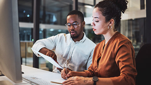 2 colleagues discussing financial reports on a laptop