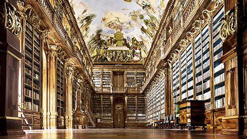 A historic library with awesome clossical paintings and artworks