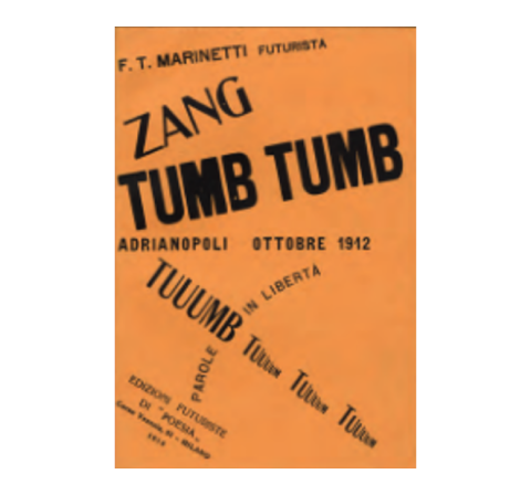 Filippo Marinetti, cover for his first book, Zang Tumb Tumb, 1914. The title is a sound poem in itself: Reflecting his experience as a reporterduring the Balkan war of 1912, it typographically expresses the sounds of gunfire. 20.4 x 12.2 cm.