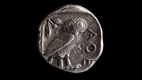 Owl of Athena depicted on a Greek coin