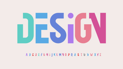 Creative alphabet, rainbow colors, modern geometric font.