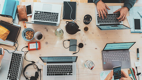 A top down view of a busy office space