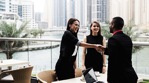 Project manager shaking hands with stakeholders