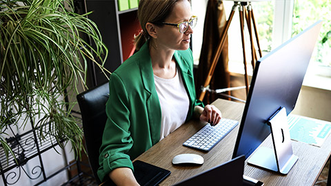 An accountant focused on a laptop balancing profits and losses in a balance sheet